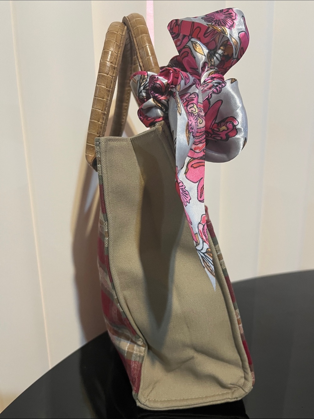 Plaid  Tote with Burgundy Plaid and Multicolor Scarf - Picture 3 of 6